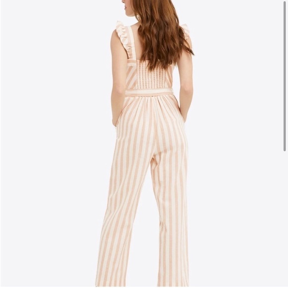 Draper James Tie Waist Jumpsuit in Cabana Stripe Tan Camel and White Size Small - Picture 2 of 13